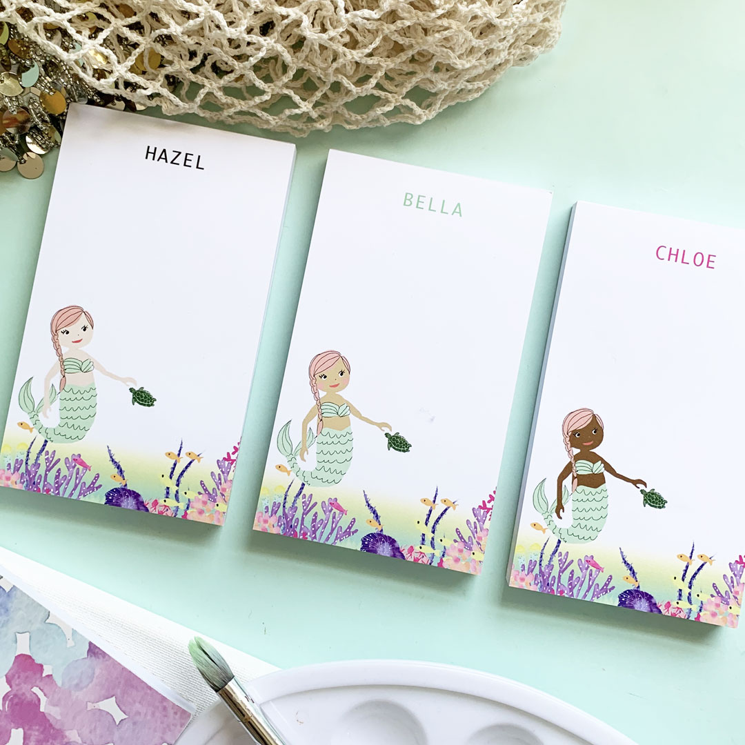 personalized mermaid notepad for kids skin tone options